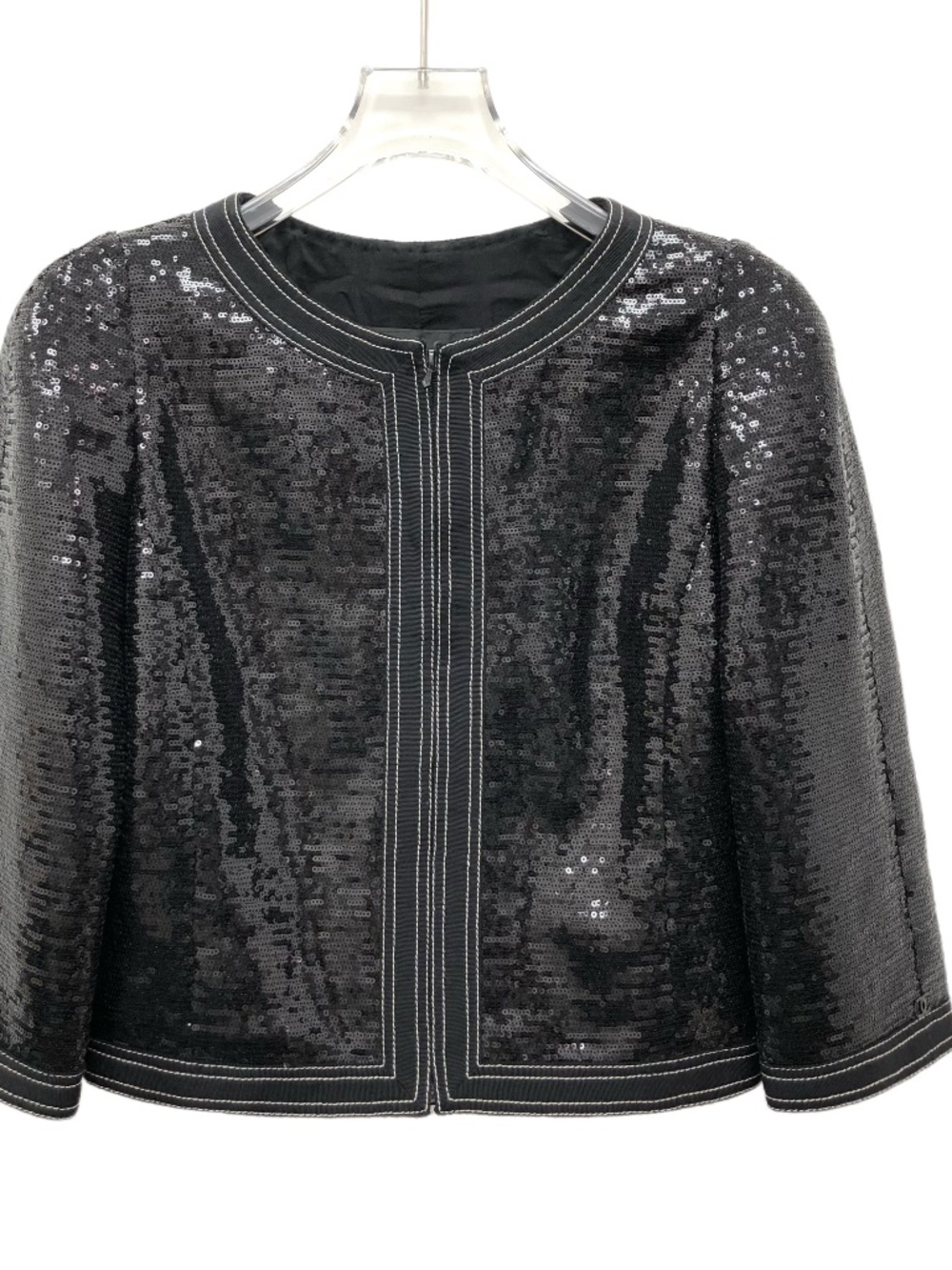 Chanel Black Round-Neck Long-Sleeve Jacket with Sequin Embellishments